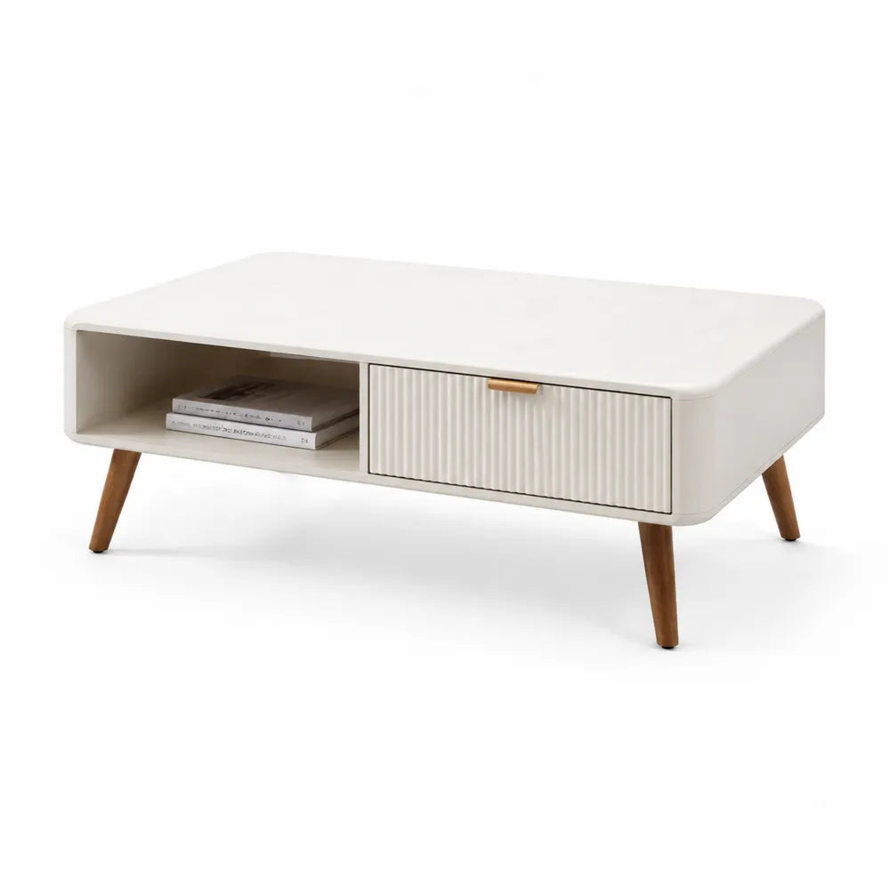 Couchtisch 110 x 60 x 42 cm mit offenem Fach und Schublade MDF Weiß Naturholzoptik rechteckig Goldfarben Holzbeine