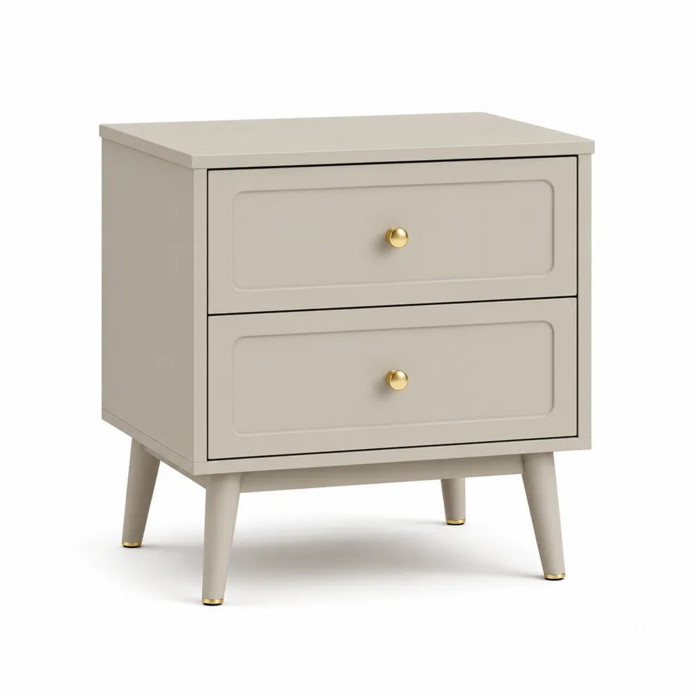 Nachttisch 2 Schubladen 50 x 40 x 55 cm rechteckig Beige MDF Holzwerkstoff konische Holzfüße goldfarbene Knopfgriffe