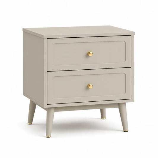 Nachttisch 2 Schubladen 50 x 40 x 55 cm rechteckig Beige MDF Holzwerkstoff konische Holzfüße goldfarbene Knopfgriffe