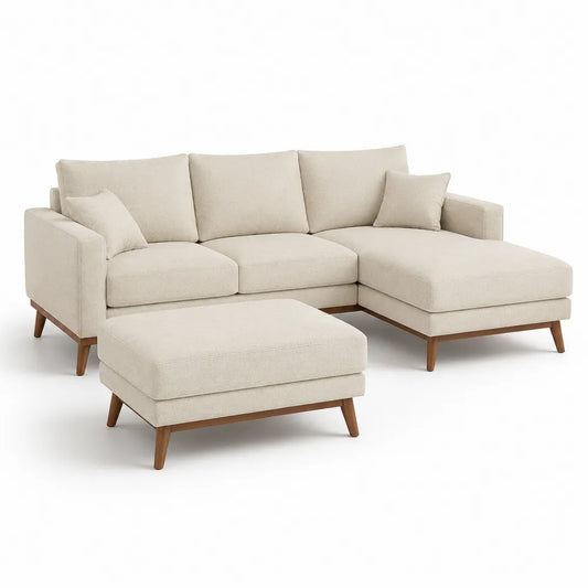 Sofa L-Form mit Chaiselongue und Hocker 260 x 160 x 85 cm 3-Sitzer Beige Stoff Holzrahmen Massivholzbeine