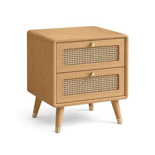Nachttisch 45 x 40 x 55 cm 2 Schubladen Holz Rattan Geflecht Natur Eichenoptik konische Holzbeine mit Metallkappen