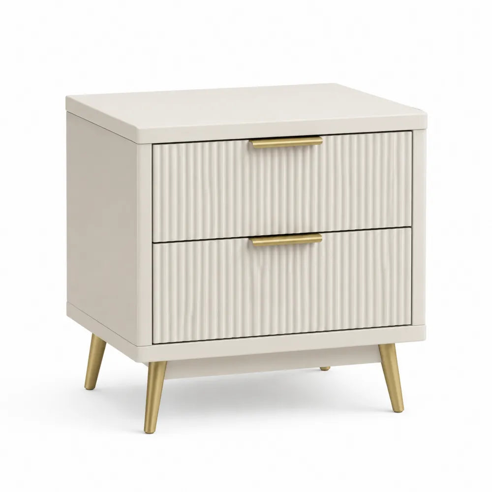 Nachttisch 45 x 40 x 50 cm mit 2 Schubladen geriffelte Front Beige MDF Metallfüße Gold rechteckig
