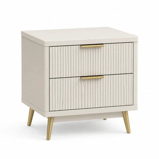 Nachttisch 45 x 40 x 50 cm mit 2 Schubladen geriffelte Front Beige MDF Metallfüße Gold rechteckig