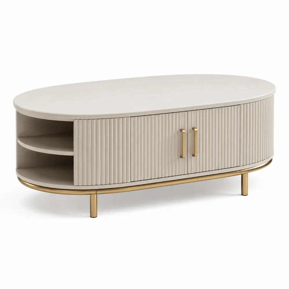 Ovaler Couchtisch 120 x 60 x 45 cm MDF Cremeweiß mit Rillenfront und Gold Metallbeinen