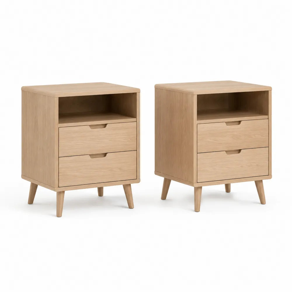 Nachttisch 2er Set 45 x 40 x 60 cm 2 Schubladen offenes Fach Eichenoptik MDF rechteckig Naturholz