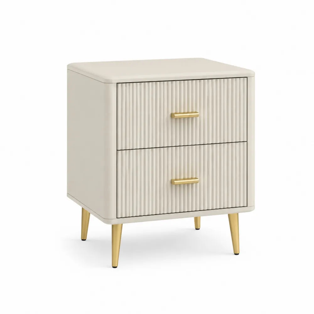 Nachttisch 50 x 40 x 55 cm mit 2 Schubladen geriffelte Front Cremeweiß MDF Metallfüße Gold rechteckig