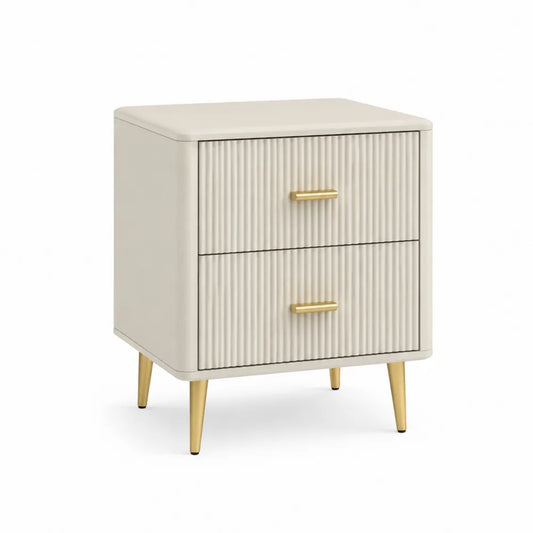 Nachttisch 50 x 40 x 55 cm mit 2 Schubladen geriffelte Front Cremeweiß MDF Metallfüße Gold rechteckig