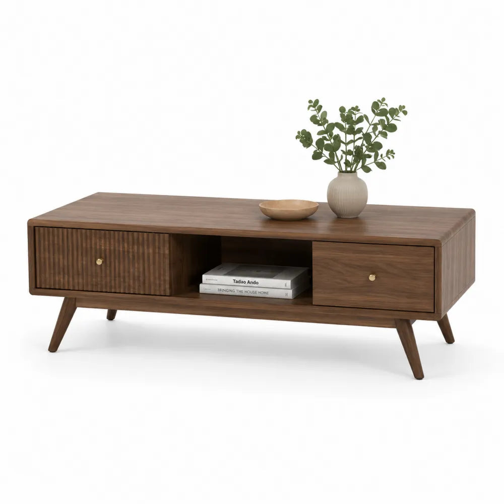 Couchtisch 120 x 60 x 42 cm mit offenem Fach und 2 Schubladen MDF Walnussoptik rechteckig Walnussbraun Goldfarben Holzbeine