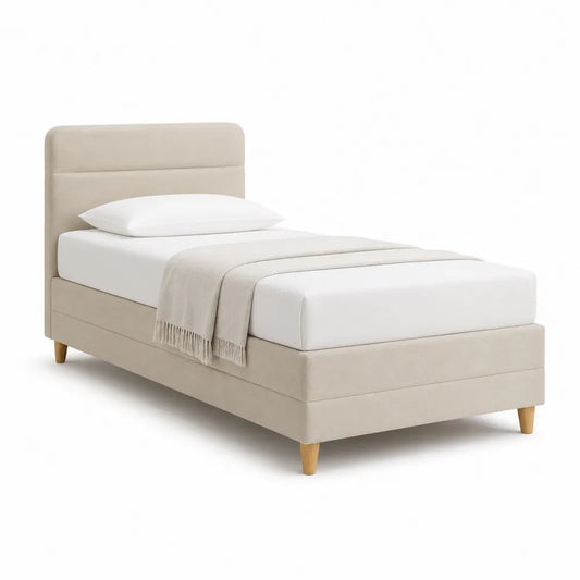 Polsterbett 90 x 200 cm Bettgestell mit vertikal gestepptem Kopfteil Beige Stoff Holzfüße Naturholz Einzelbett rechteck