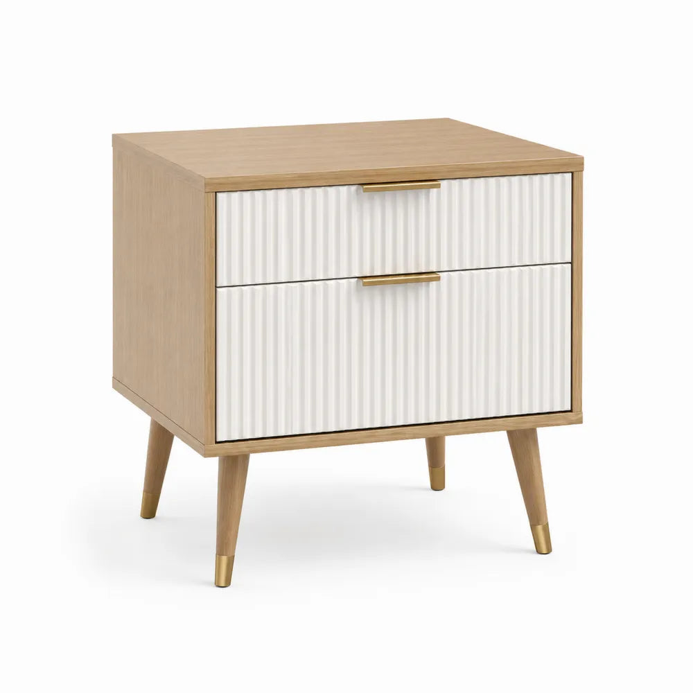 Nachttisch 50 x 40 x 55 cm 2 Schubladen rechteckig Holzoptik Natur Weiß geriffelte Front goldfarbene Griffe konische Holzfüße