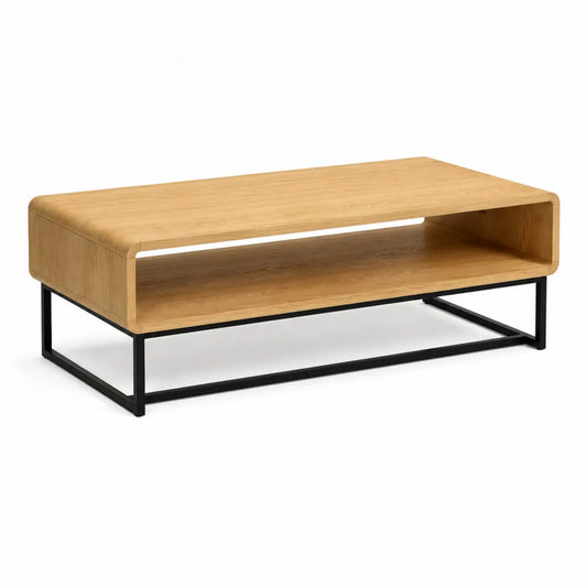 Couchtisch rechteckig 110 x 55 x 40 cm Holz Naturholzoptik Metallgestell Schwarz mit Ablagefach